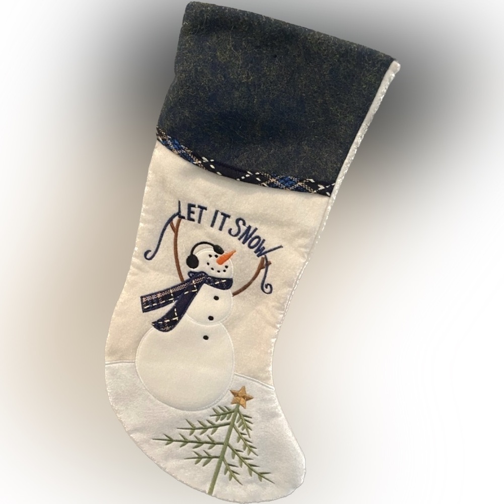 Christmas Stocking. ‘Let It Snow’ monogrammed Off white Cute Snowman & Tree EUC